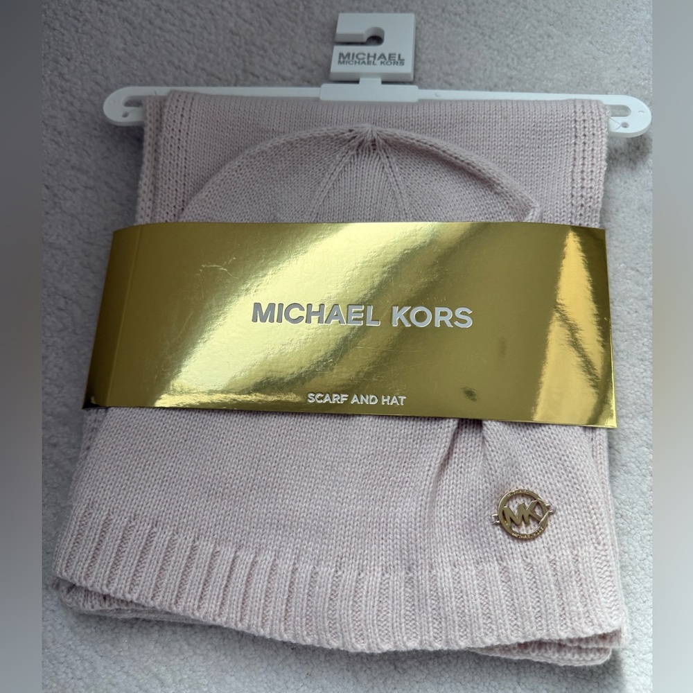 Michael Kors Blush Pink Knit Scarf and Hat Set with Gold Logo